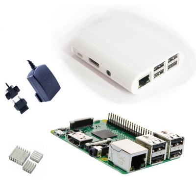 Raspberry Pi 3 Kit con Alimentatore Ufficiale, Case BIANCO  e Dissipatori (E18)