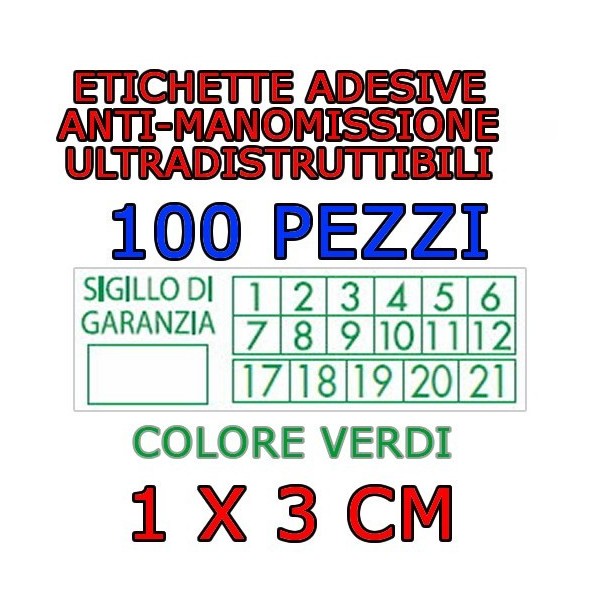 100 Sigilli di garanzia verdi bollini etichette antimanomissione ultradistruttibili adesivi antirimozione