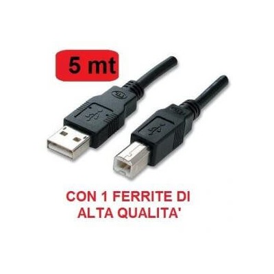 Cavo USB 2.0 AB A/B 5 metri maschio - maschio con ferrite nero per stampanti scanner