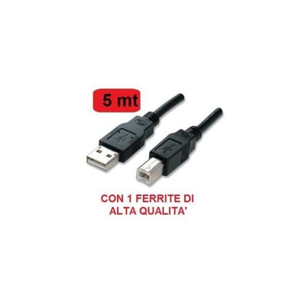 Cavo USB 2.0 AB A/B 5 metri maschio - maschio con ferrite nero per stampanti scanner