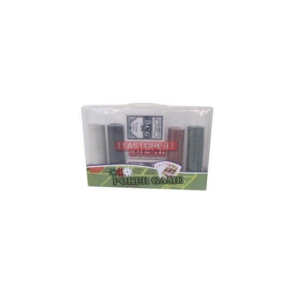 Set in confezione poker chips fishes 200 pz in 4 colori con carte e dadi