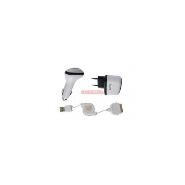 Kit 3 pezzi accessori ricarica batterie auto e rete con cavo retrattile per Iphone 3 4 4G 4S Ipod