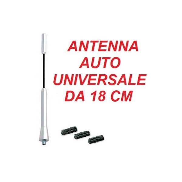 Antenna in alluminio universale lunga 18 cm per auto autoradio colore grigio con adattatori
