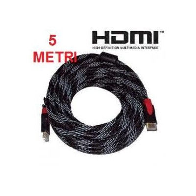 Cavo HDMI telato maschio maschio con contatti dorati colore nero lungo 5 metri di alta qualità