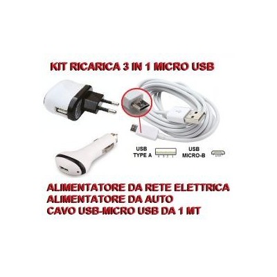 Kit ricarica micro USB 3 in 1 da accendisigari e rete elettrica per Samsung Nokia HTC
