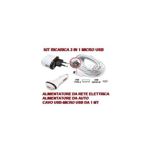 Kit ricarica micro USB 3 in 1 da accendisigari e rete elettrica per Samsung Nokia HTC