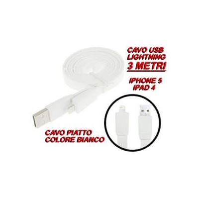 Cavo cavetto piatto Lightning dati USB 2.0 bianco 3 metri per Apple Iphone 5 Ipad 4