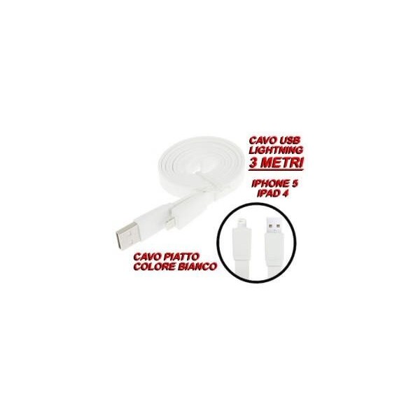 Cavo cavetto piatto Lightning dati USB 2.0 bianco 3 metri per Apple Iphone 5 Ipad 4