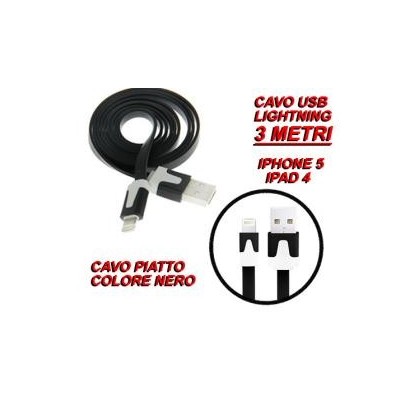 Cavo cavetto piatto Lightning dati USB 2.0 nero 3 metri per Apple Iphone 5 Ipad 4
