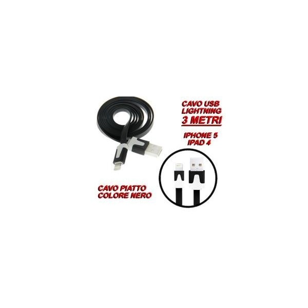 Cavo cavetto piatto Lightning dati USB 2.0 nero 3 metri per Apple Iphone 5 Ipad 4