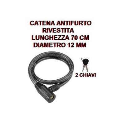 Catena rivestita lucchetto con chiavi 70 cm da 12 mm per bici moto scooter nera