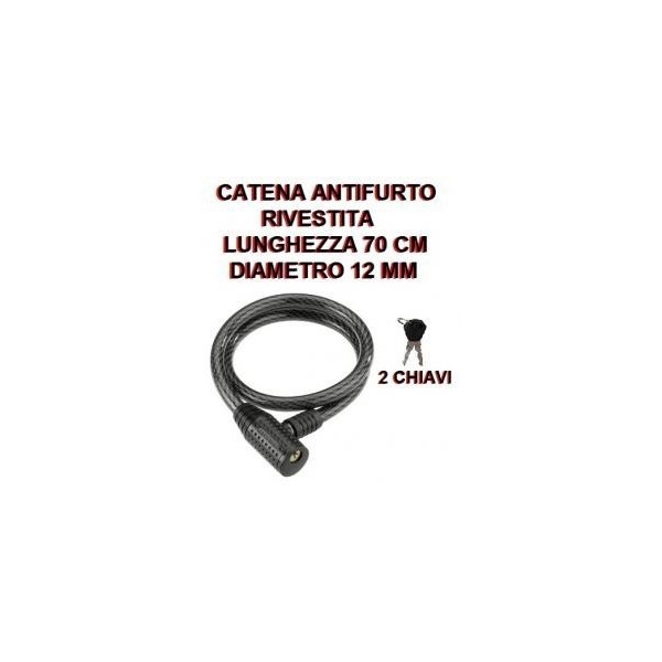 Catena rivestita lucchetto con chiavi 70 cm da 12 mm per bici moto scooter nera