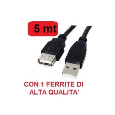 Cavo prolunga USB 2.0 lungo 5 metri con 1 ferrite maschio - femmina AA A/A colore nero