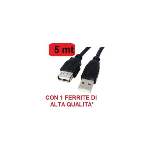 Cavo prolunga USB 2.0 lungo 5 metri con 1 ferrite maschio - femmina AA A/A colore nero
