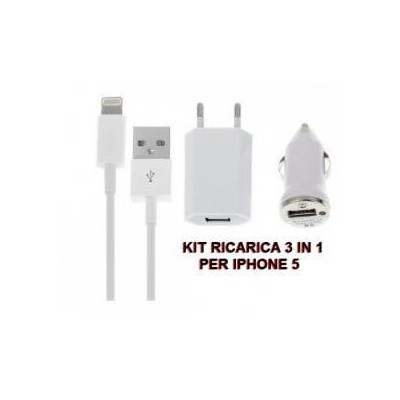 Iphone 5 Kit 3 pezzi accessori ricarica batteria auto e rete con cavo 1 metro