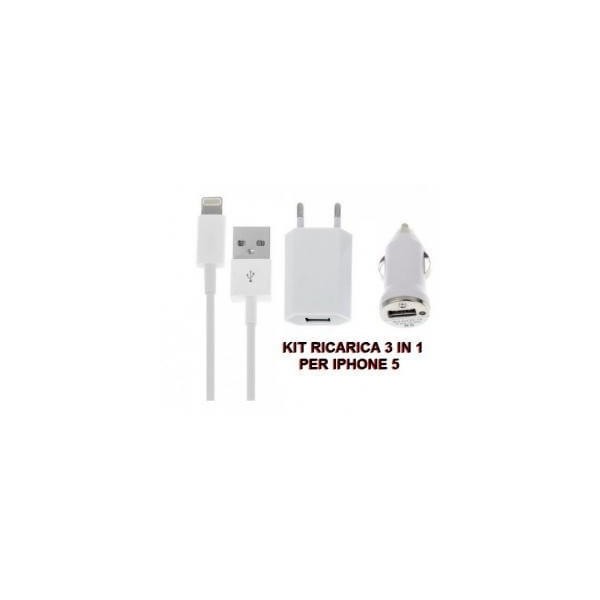 Iphone 5 Kit 3 pezzi accessori ricarica batteria auto e rete con cavo 1 metro