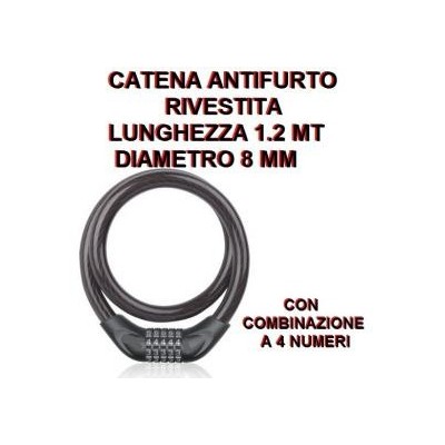 Catena rivestita  lucchetto con combinazione 1,2 mt da 8 mm per bici moto scooter nera