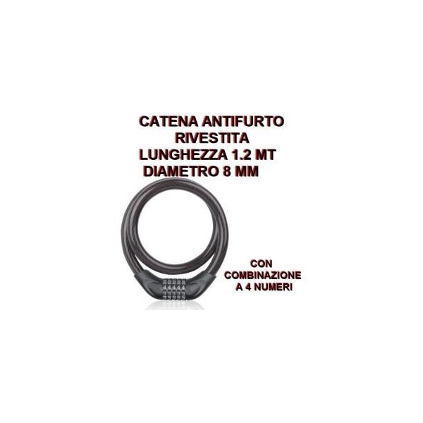 Catena rivestita  lucchetto con combinazione 1,2 mt da 8 mm per bici moto scooter nera