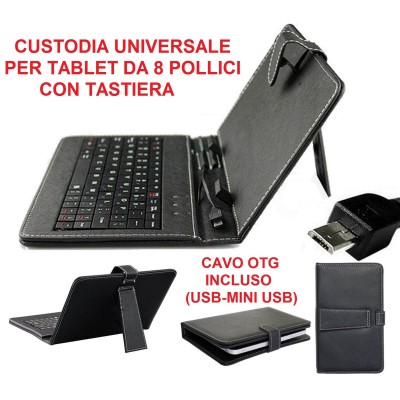 Custodia universale tablet da 8 pollici in ecopelle nera con tastiera micro USB