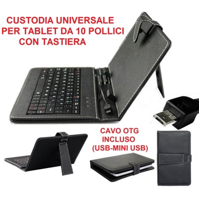 Custodia universale tablet da 10 pollici in ecopelle nera con tastiera micro USB