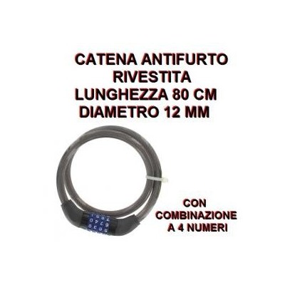 Catena rivestita  lucchetto con combinazione 80 cm da 12 mm per bici moto scooter nera