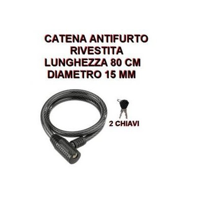 Catena rivestita  lucchetto con chiavi 80 cm da 15 mm per bici moto scooter nera