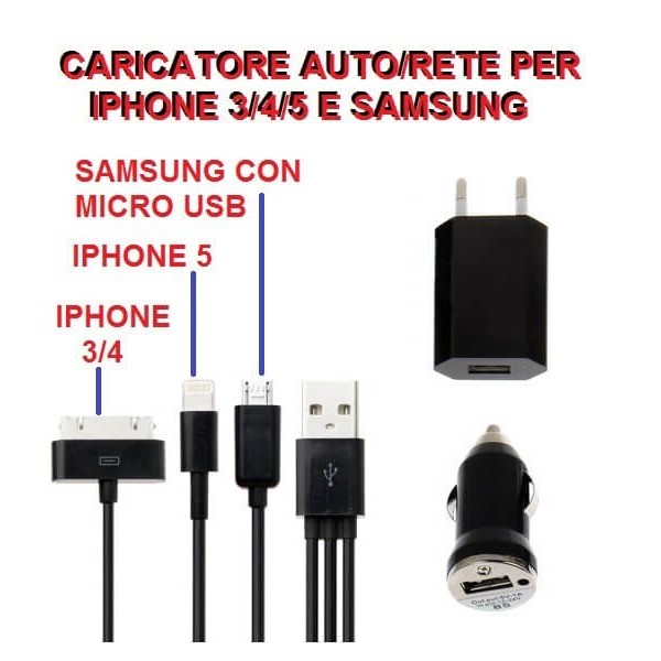 Kit 3 in 1 ricarica batteria universale auto e rete per iPhone 3-4-5 e Samsung