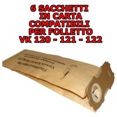 8 Sacchetti filtro in carta antibatterica compatibili per Folletto Vk 120-121-122 in confezione risparmio
