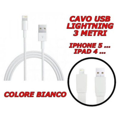 Cavo cavetto Lightning dati USB 2.0 bianco 3 metri per Apple Iphone 5 Ipad 4