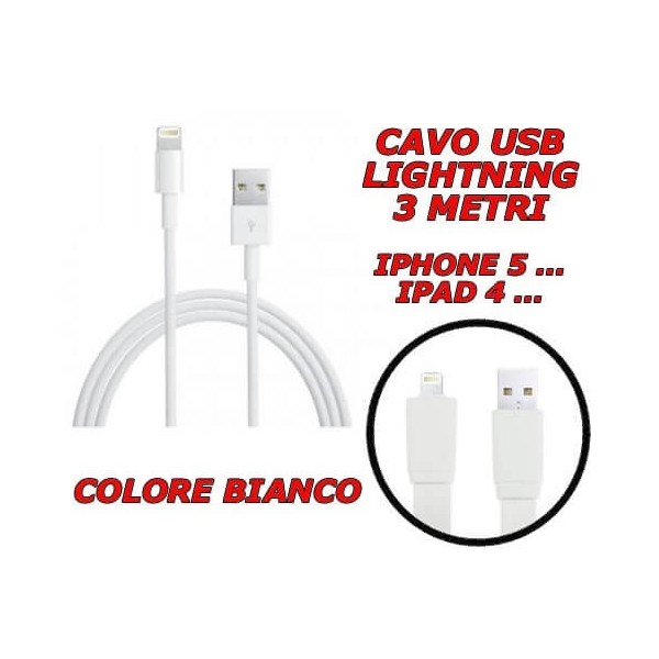 Cavo cavetto Lightning dati USB 2.0 bianco 3 metri per Apple Iphone 5 Ipad 4