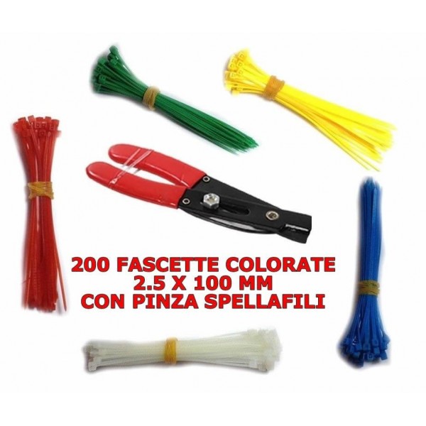 200 fascette stringicavi resistenti colorate da 2.5 x 100 mm con pinza spellafili