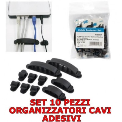 Set di 10 organizzatori adesivi per fissaggio di cavi raccogli cavo grigio scuro