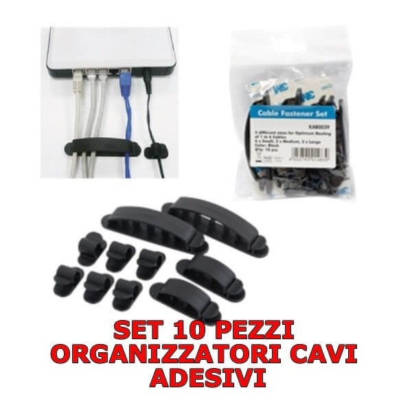 Set di 10 organizzatori adesivi per fissaggio di cavi raccogli cavo grigio scuro