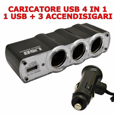 Caricabatterie da auto sdoppiatore accendisigari 4 in 1 con 3 prese e 1 porta Usb
