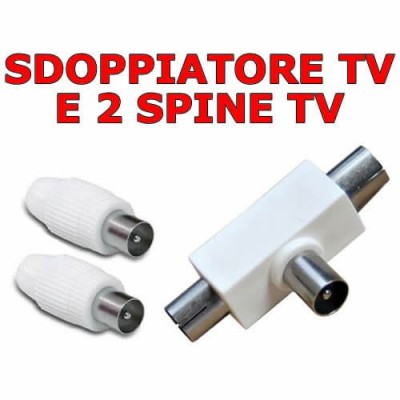 Kit 3 pezzi sdoppiatore duplicatore a T per cavo antenna TV e 2 spine TV da montare