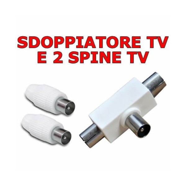 Kit 3 pezzi sdoppiatore duplicatore a T per cavo antenna TV e 2 spine TV da montare