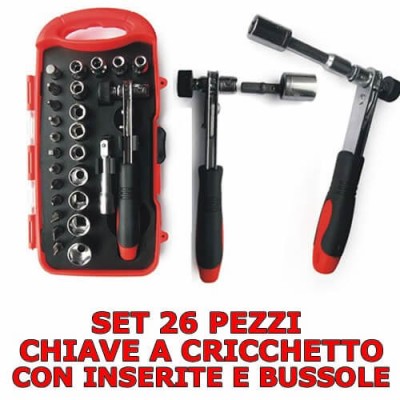 Set 26 pezzi inserti e bussole con chiave a cricchetto reversibile