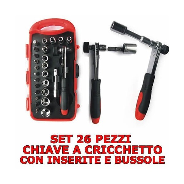 Set 26 pezzi inserti e bussole con chiave a cricchetto reversibile