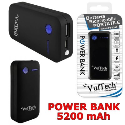 Power Bank VulTech da 5200 mAh nero con torcia universale smartphone cellulari